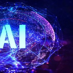 Image shows the letters AI illuminated on a dark background